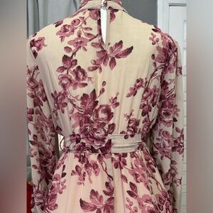 Floral Belted Long-Sleeve Dress in Blush Pink